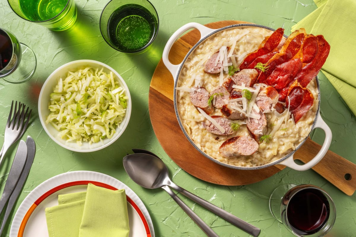 Risotto met serranoham en varkensworst van Brandt & Levie