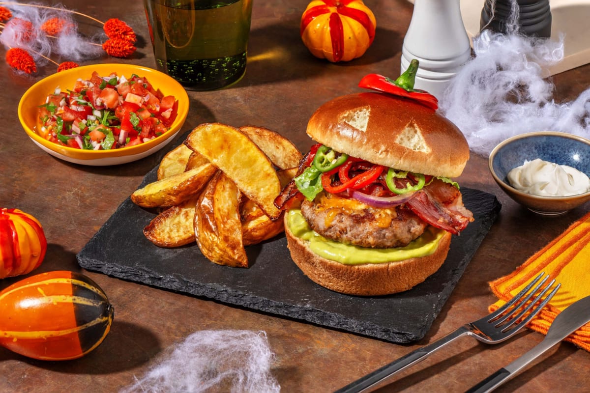 Monsterachtige kipburger met ontbijtspek, cheddar en avocadodip