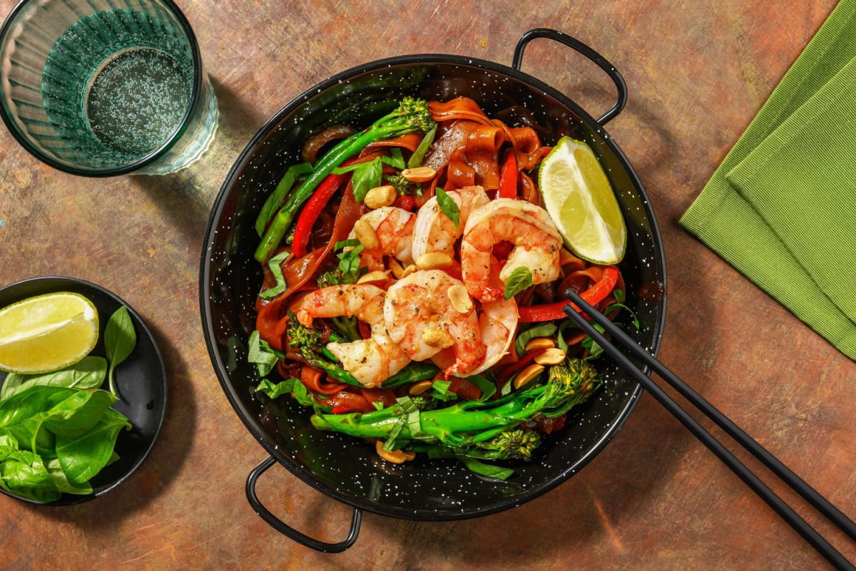 Grote garnalen met broccolini en noedels