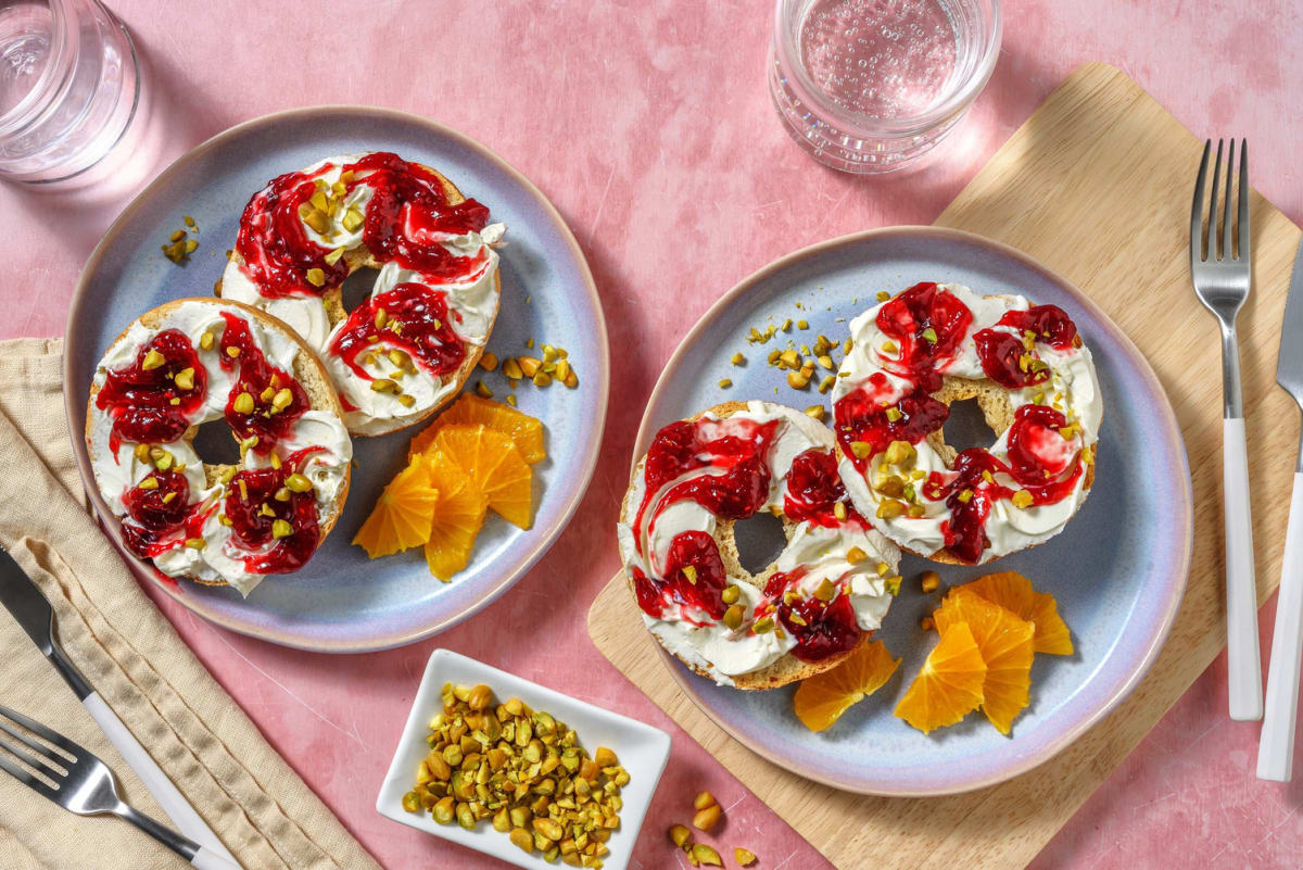 Raspberry jam and cream cheese bagel