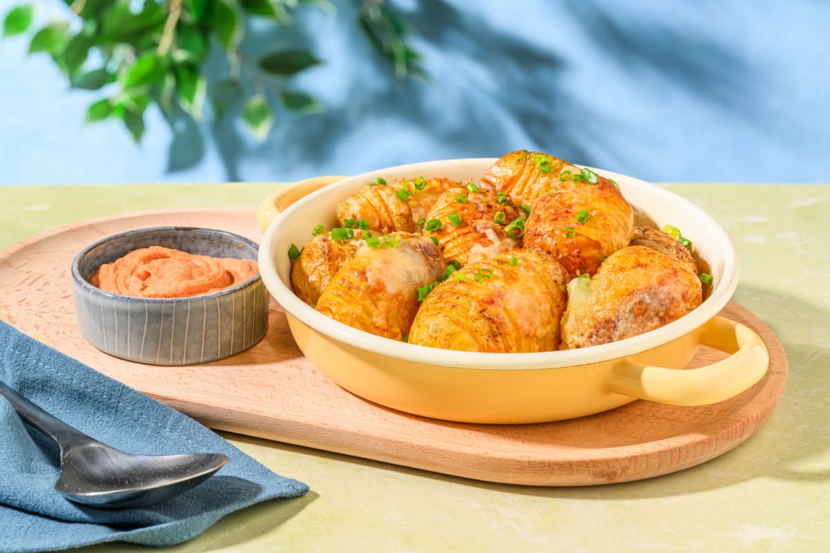 Cheesy Hasselback Potatoes with Tomato Relish