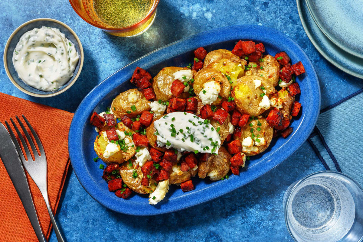 Cheesy Chorizo Loaded Smashed Potatoes