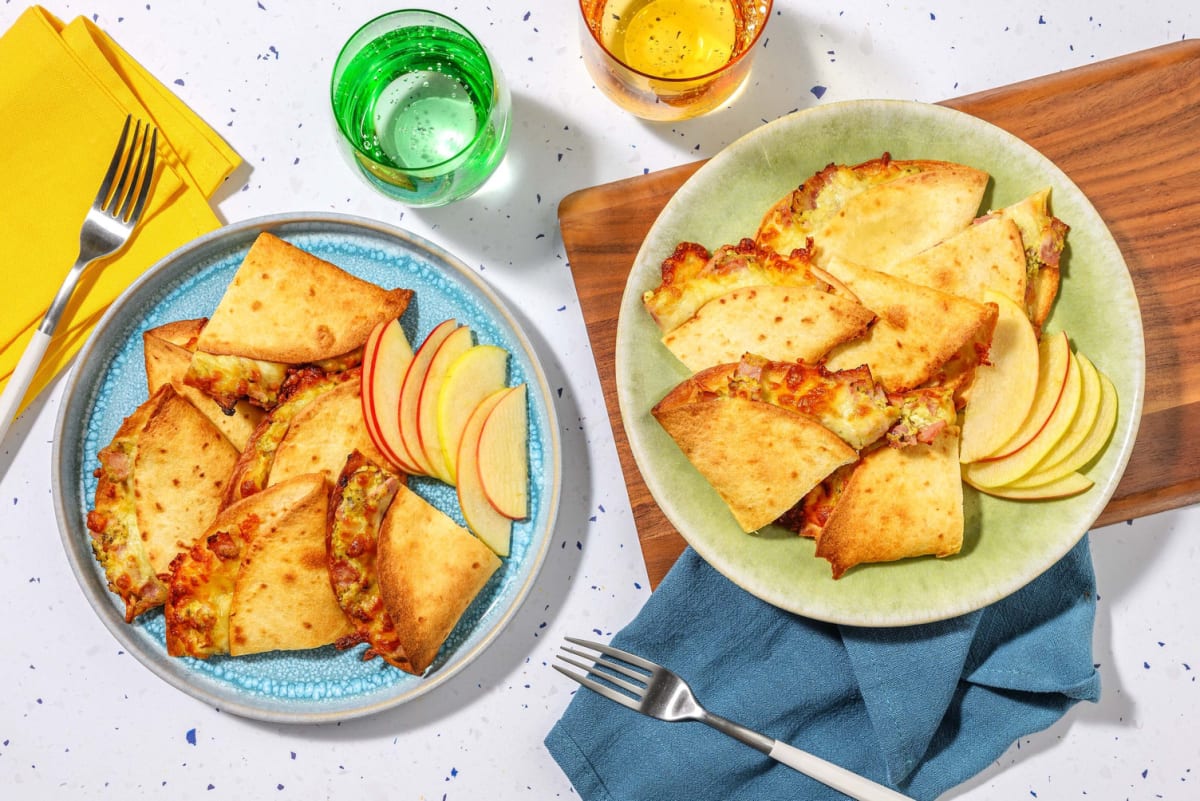 Cheesy Ham and Pesto Cream Cheese Quesadillas