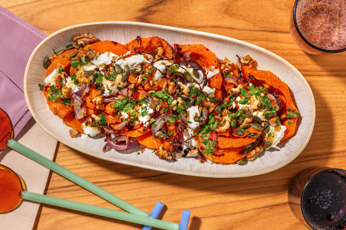 Geroosterde pompoen met burrata en pittige honingdressing