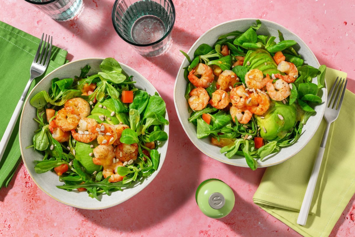 Salade met garnalen, avocado en mangochutney