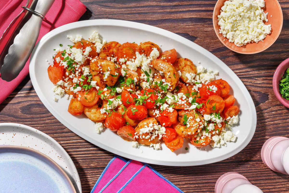 Grote garnalen met feta en cherrytomaten