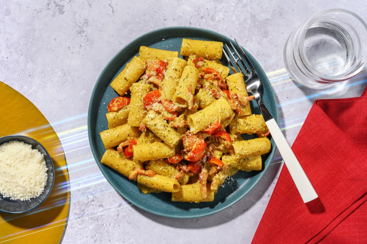 Rapid Pesto and Double Bacon Rigatoni