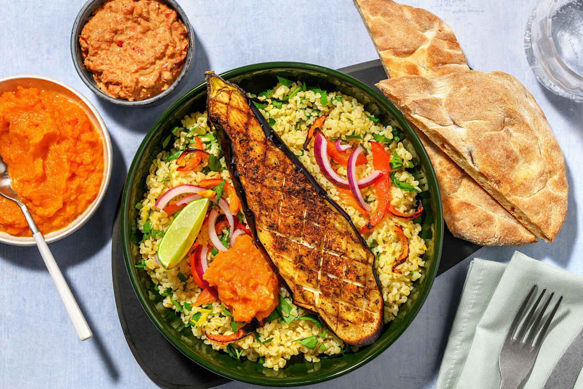 Aubergine met Midden-Oosterse kruiden en bulgur