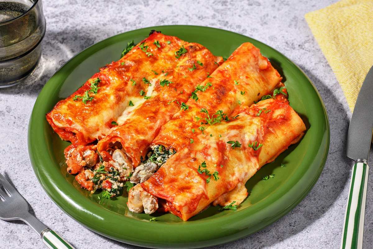 Kremet sopp- og spinatfylt cannelloni