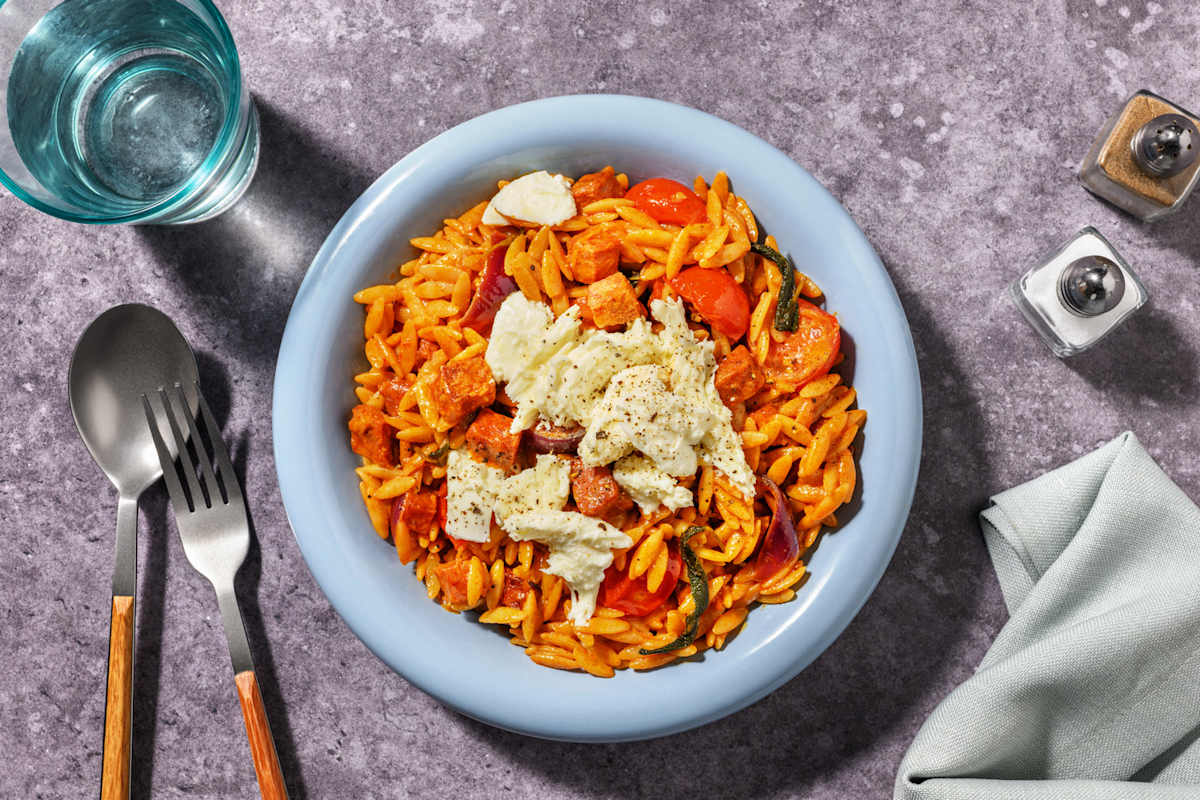 One-pan Chorizo and Mozzarella Orzo