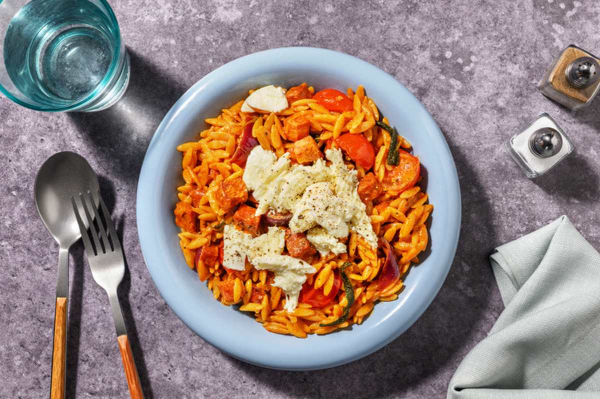 One-pan Double Chorizo and Mozzarella Orzo