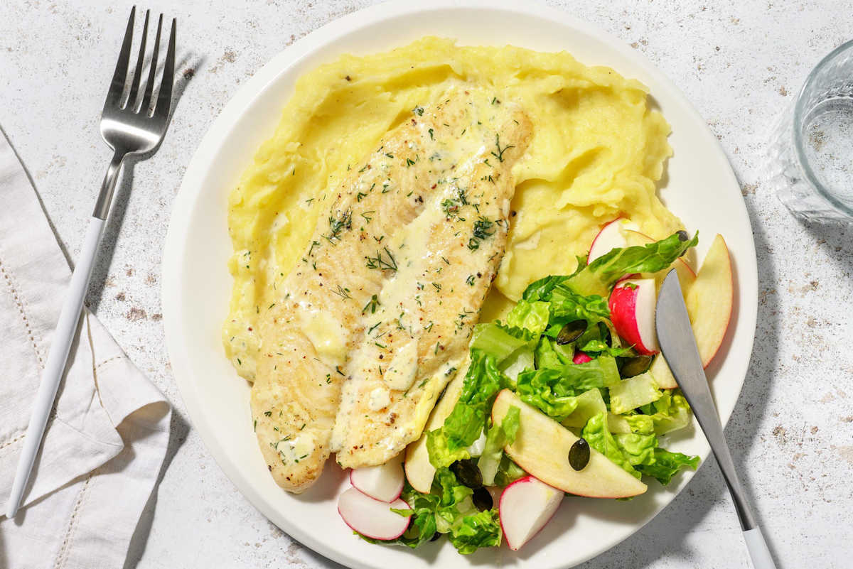 Pannestekt sei og kremet dillsaus