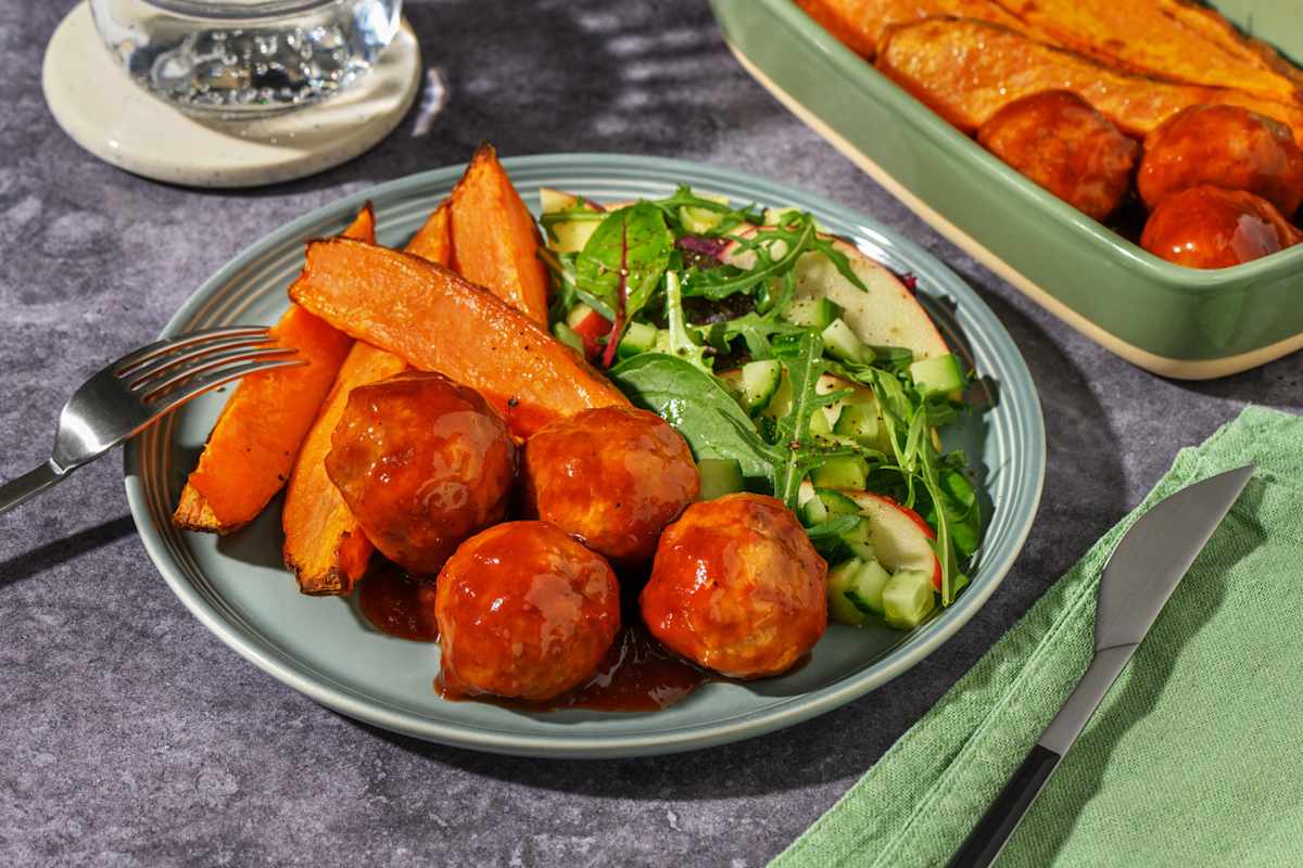 Glazed Beef Meatballs & Kūmara Wedges