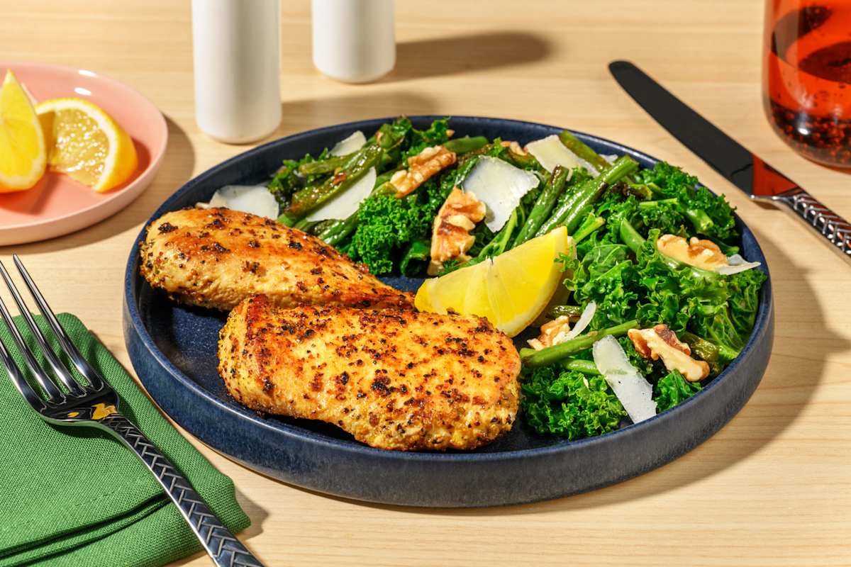 Lemon Pepper Plant-Based Crumbed Chick'n & Garlicky Kale Toss