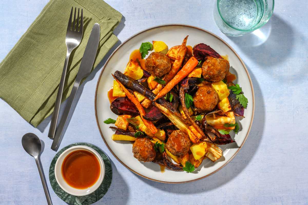 Venison-Beef Meatballs & Veggie Traybake