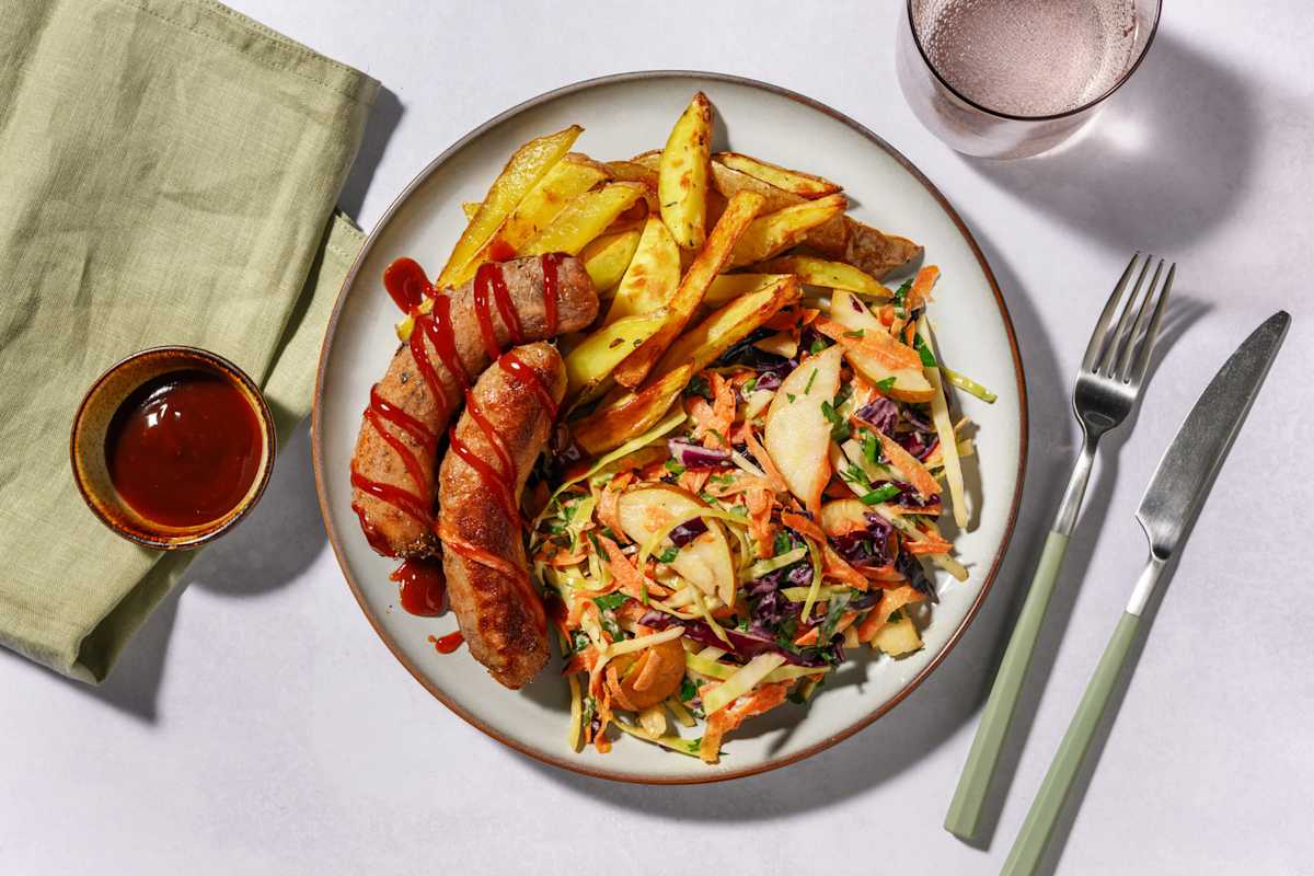 Easy Herby Pork Sausages, Haloumi & Creamy Slaw