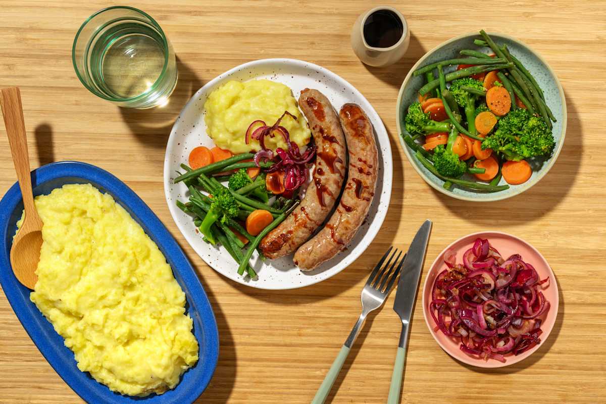 Family-Style Pork Sausages & Cheesy Mash