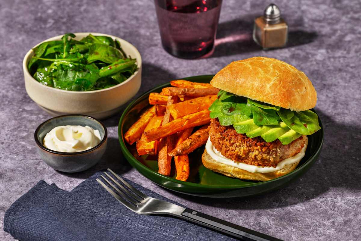 Plant-Based Crumbed 'Beef', Haloumi & Avocado Burger