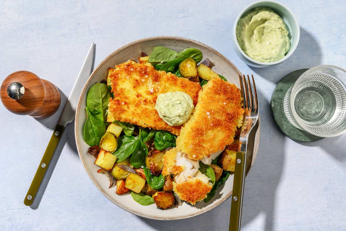 Crumbed White Fish & Bacon Veggie Toss