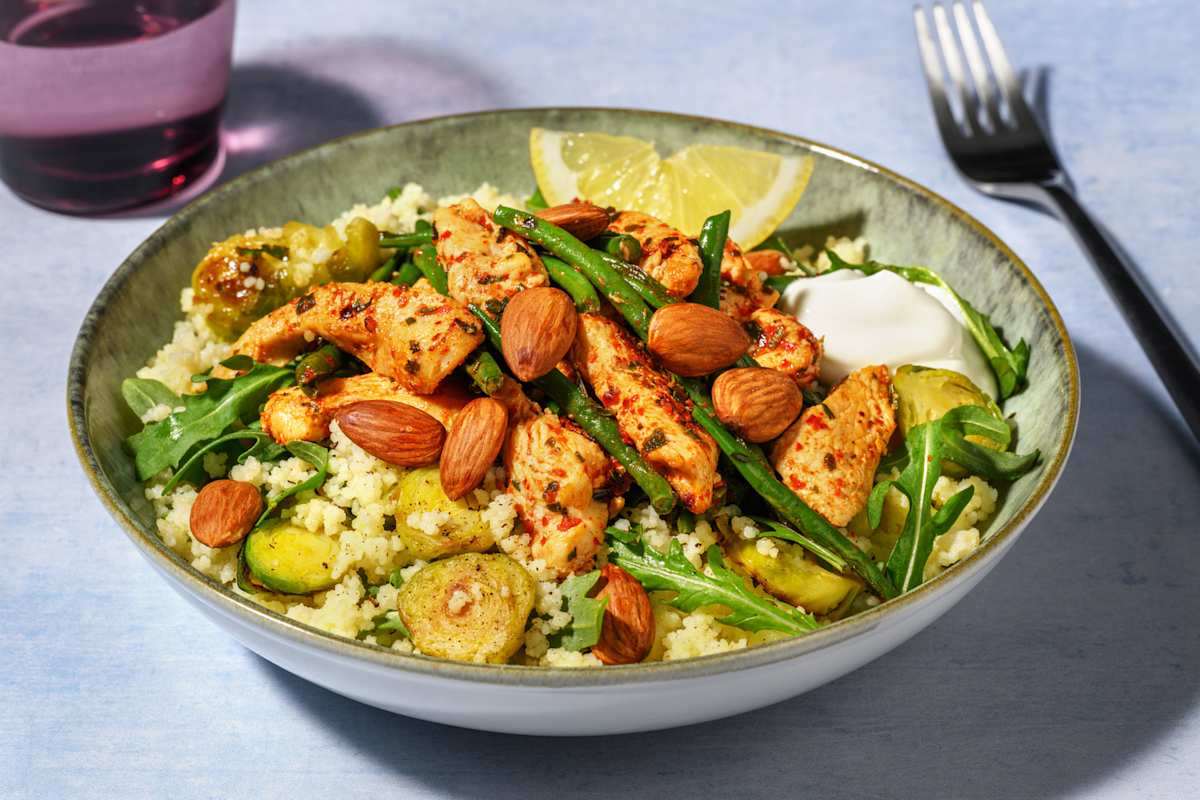 Herby Tomato Halloumi & Brussels Sprout Couscous