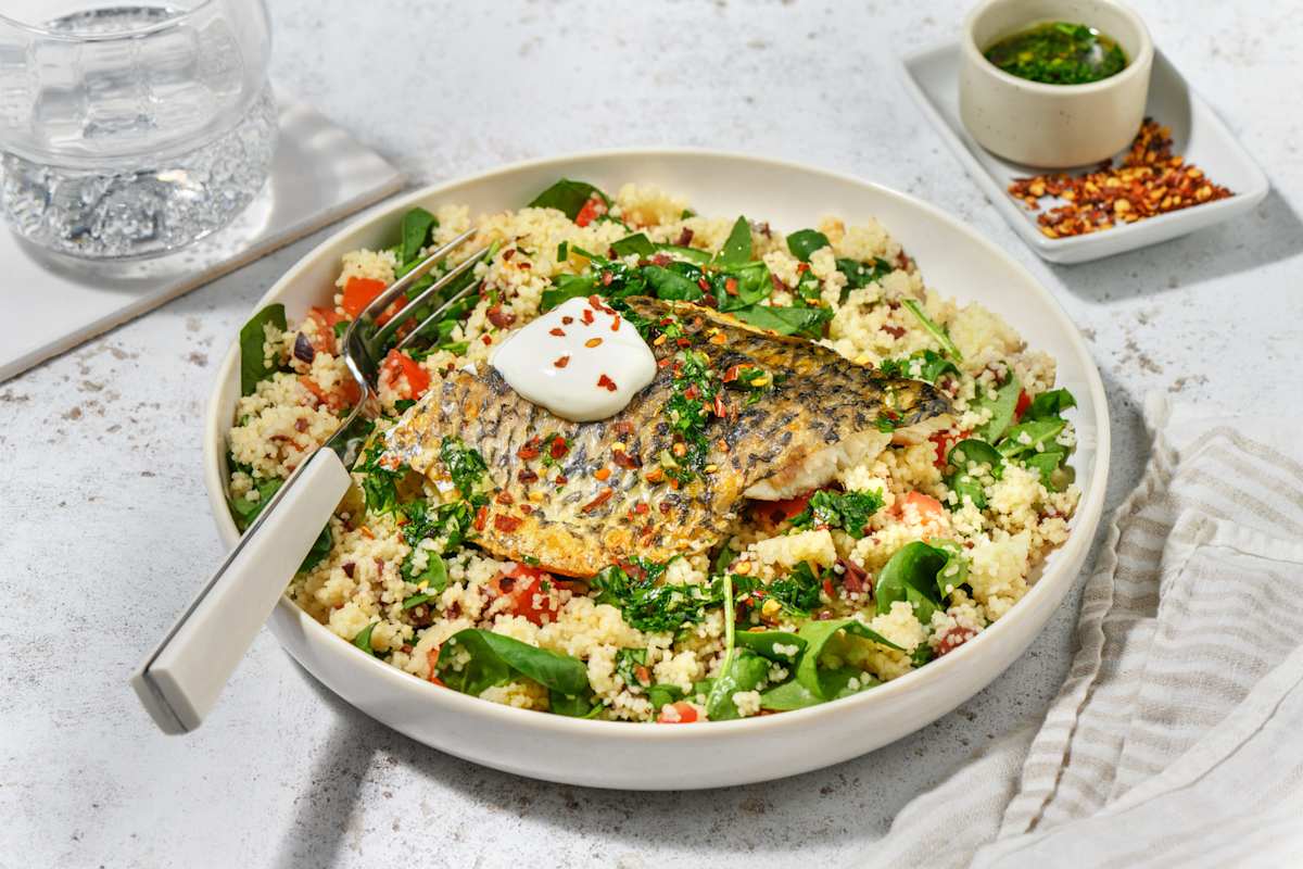 Crumbed Basa & Zesty Olive Couscous Salad