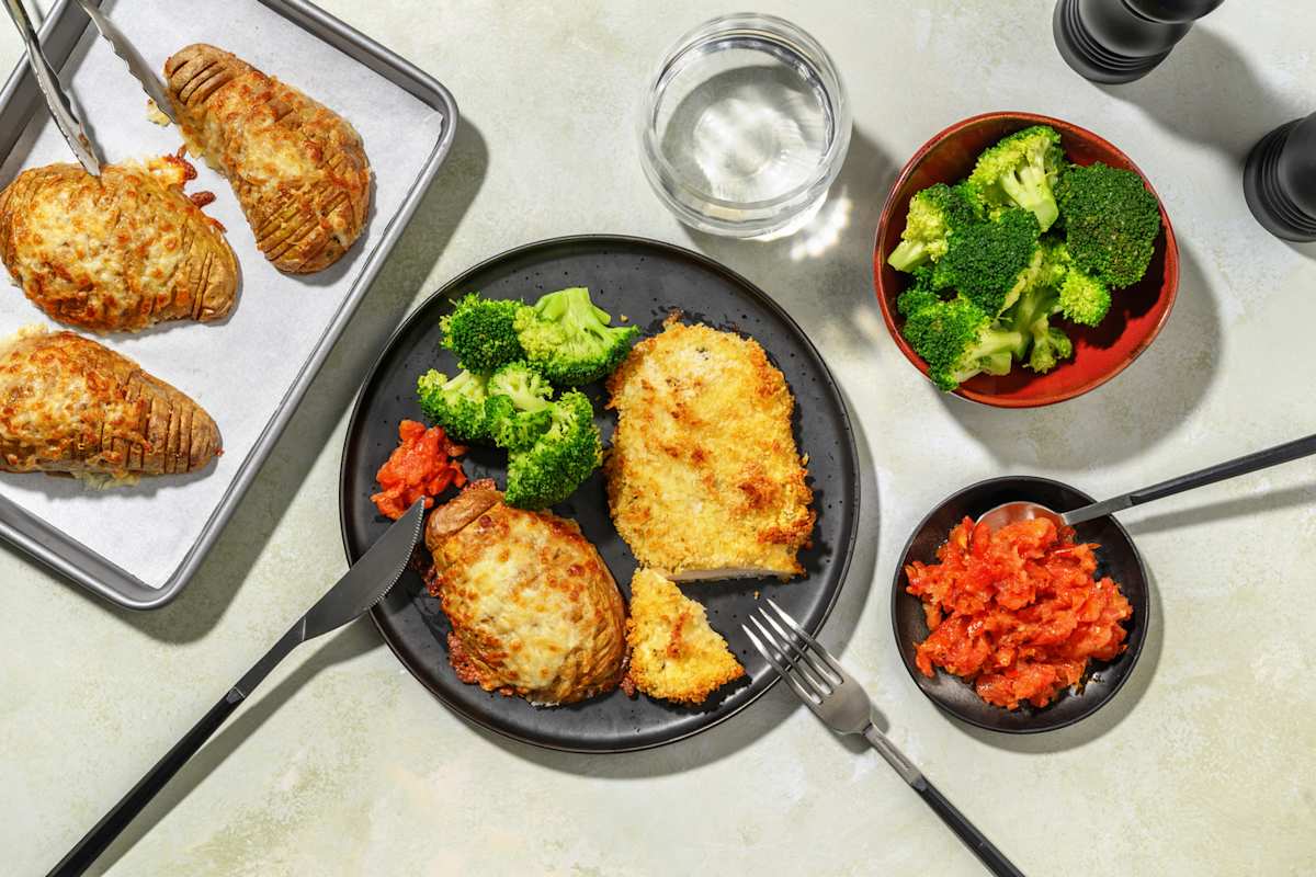 Herby Crumbed Pork & Cheesy Lava Potatoes