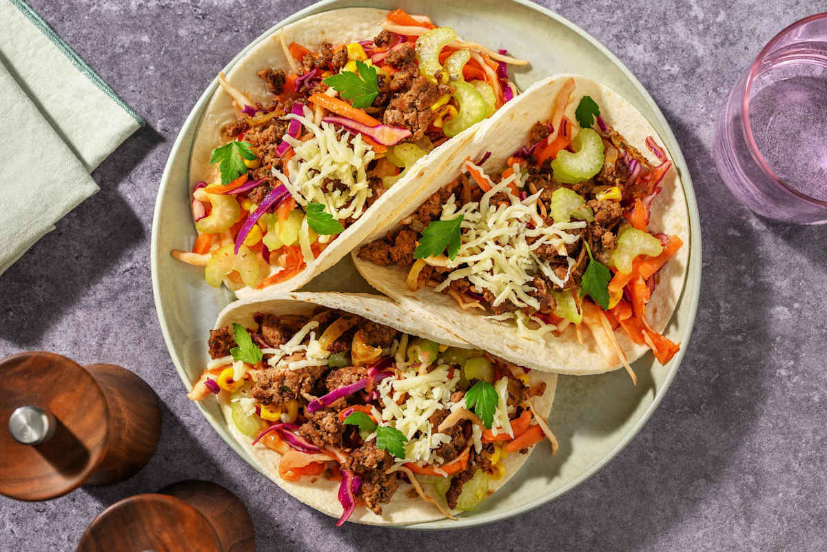 Tex-Mex Beef Strips & Cheddar Tacos