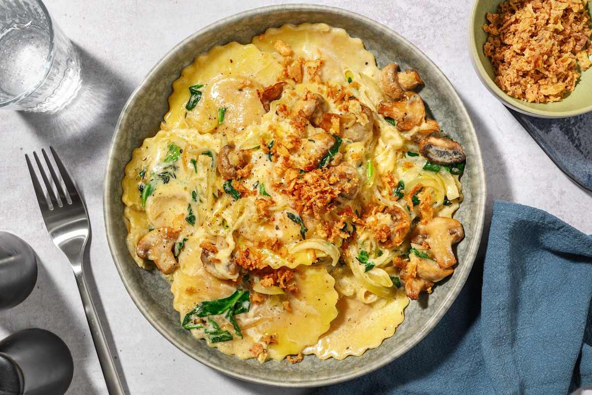 SuperQuick French Onion Soup-Inspired Bacon and Squash Ravioli