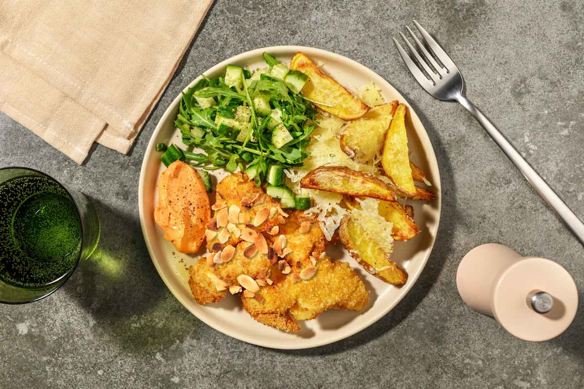 Crispy Chicken Goujons and Cheesy Wedges