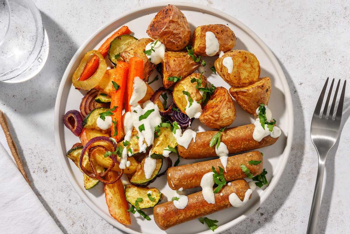 Veggie worstjes met geroosterde groenten