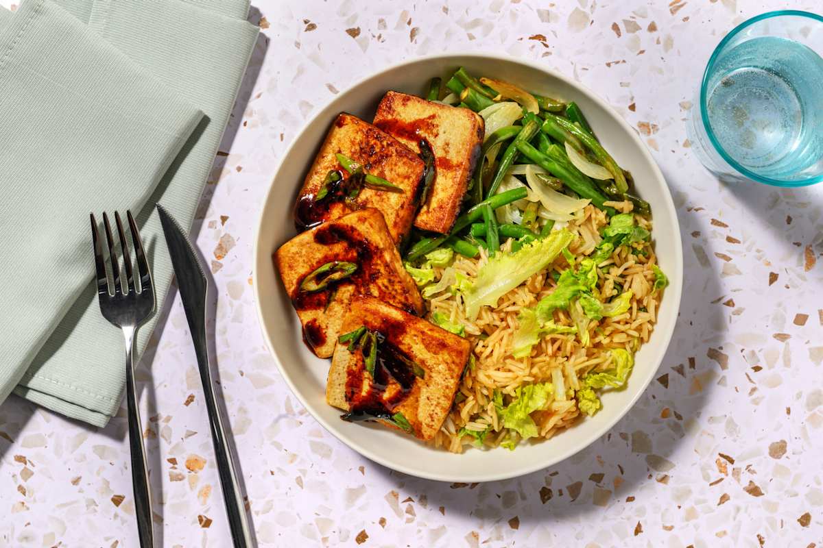 Tofu glaseado con judías verdes