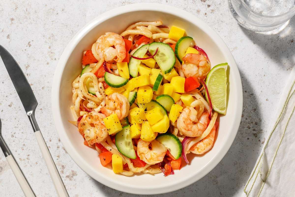 Warm shrimp and mango udon noodle salad