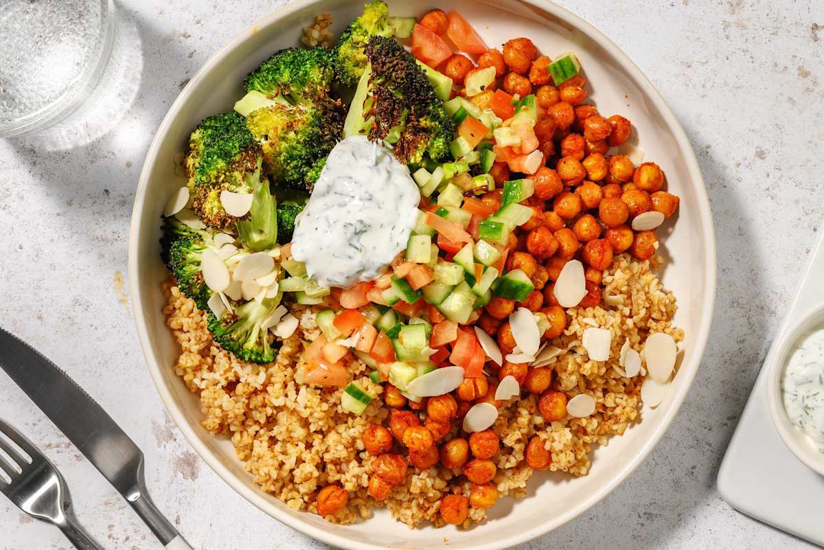 Bulgurbowl met broccoli en krokante kikkererwten