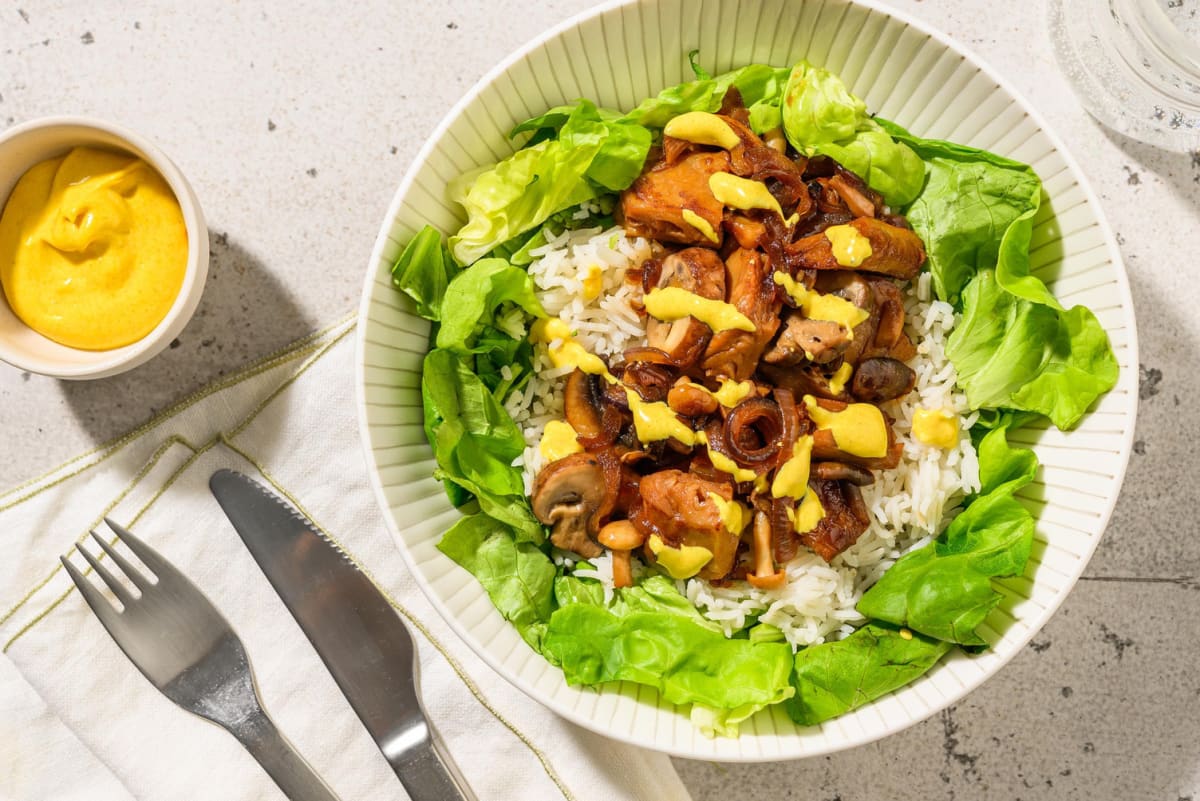 Rijstbowl met plantaardige kip