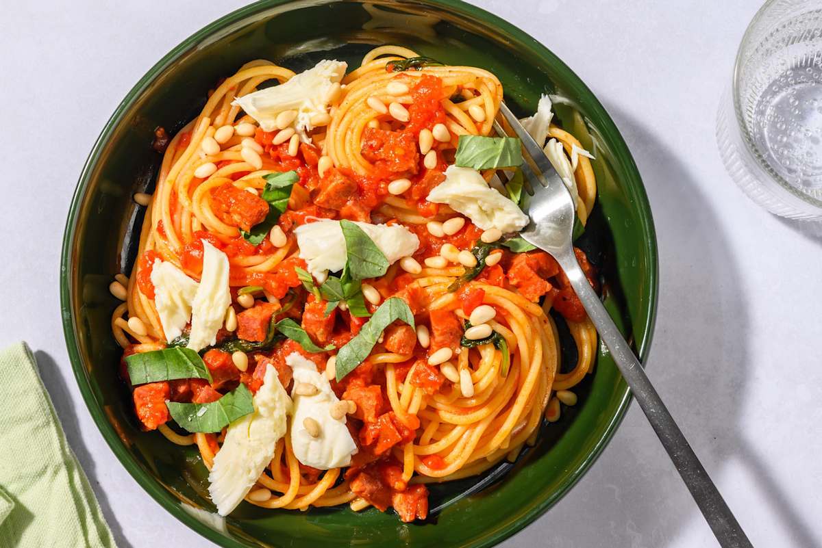 Quick chorizo and harissa spaghetti