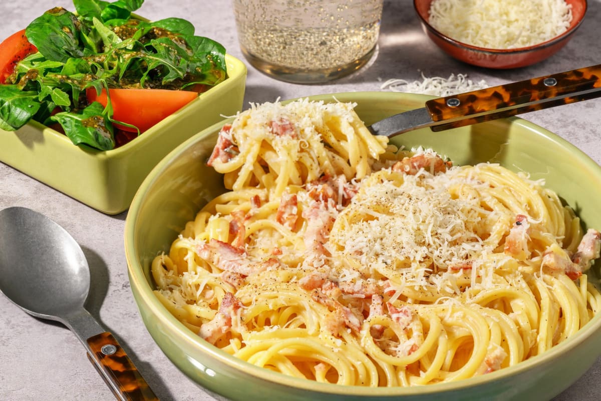 Linguine crémeuses aux lardons et Parmigiano Reggiano