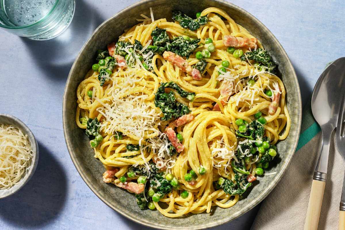 Easy Peasy Chicken, Bacon and Pea Pesto Spaghetti