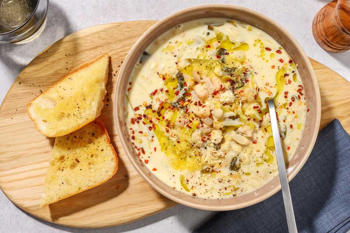 One Pot Creamy Chicken, Leek and Butter Bean Pesto Soup
