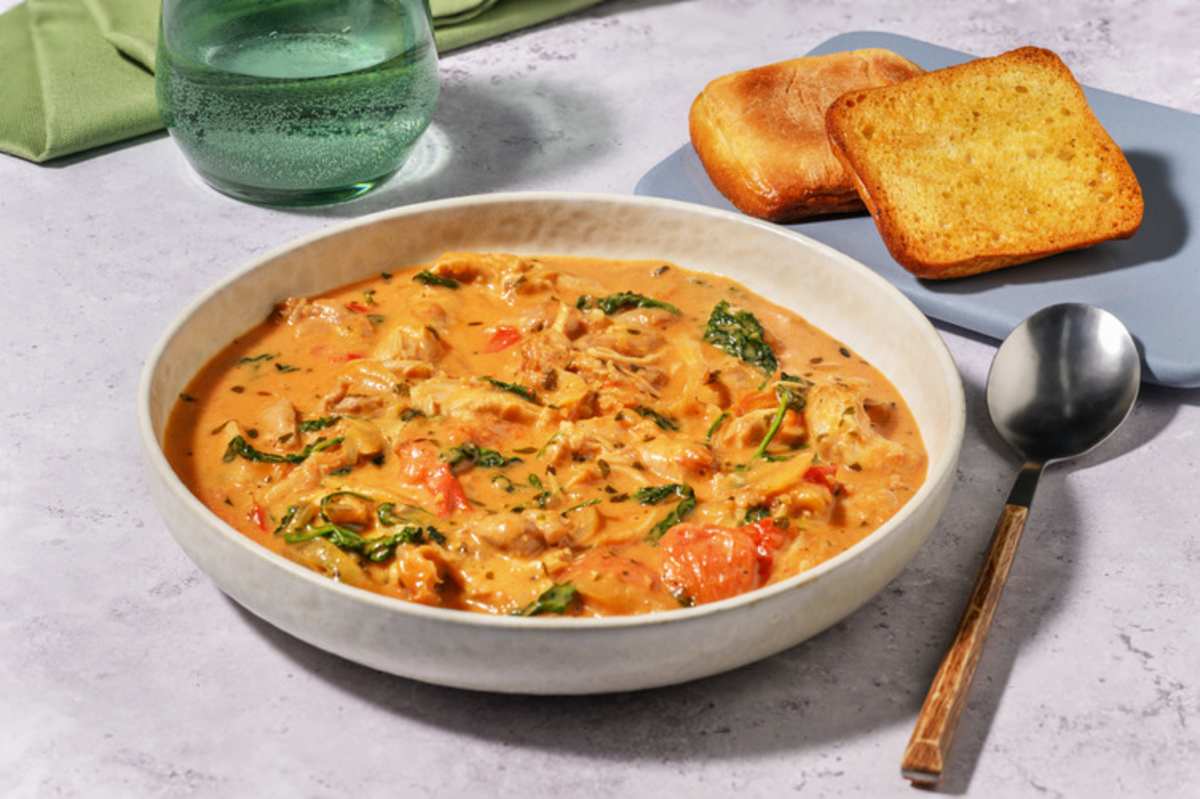 One Pot Tuscan Inspired Creamy Pulled Chicken Breast Stew