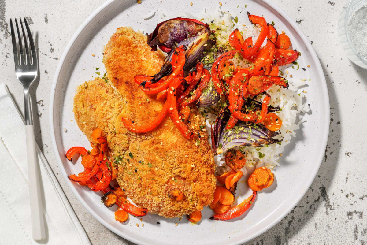 Gepaneerde pangasiusfilet met geroosterde groenten