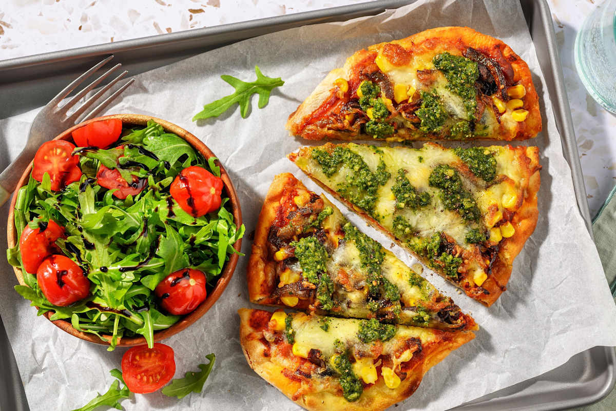 Caramelised Onion, Cheese and Pesto Naanizza
