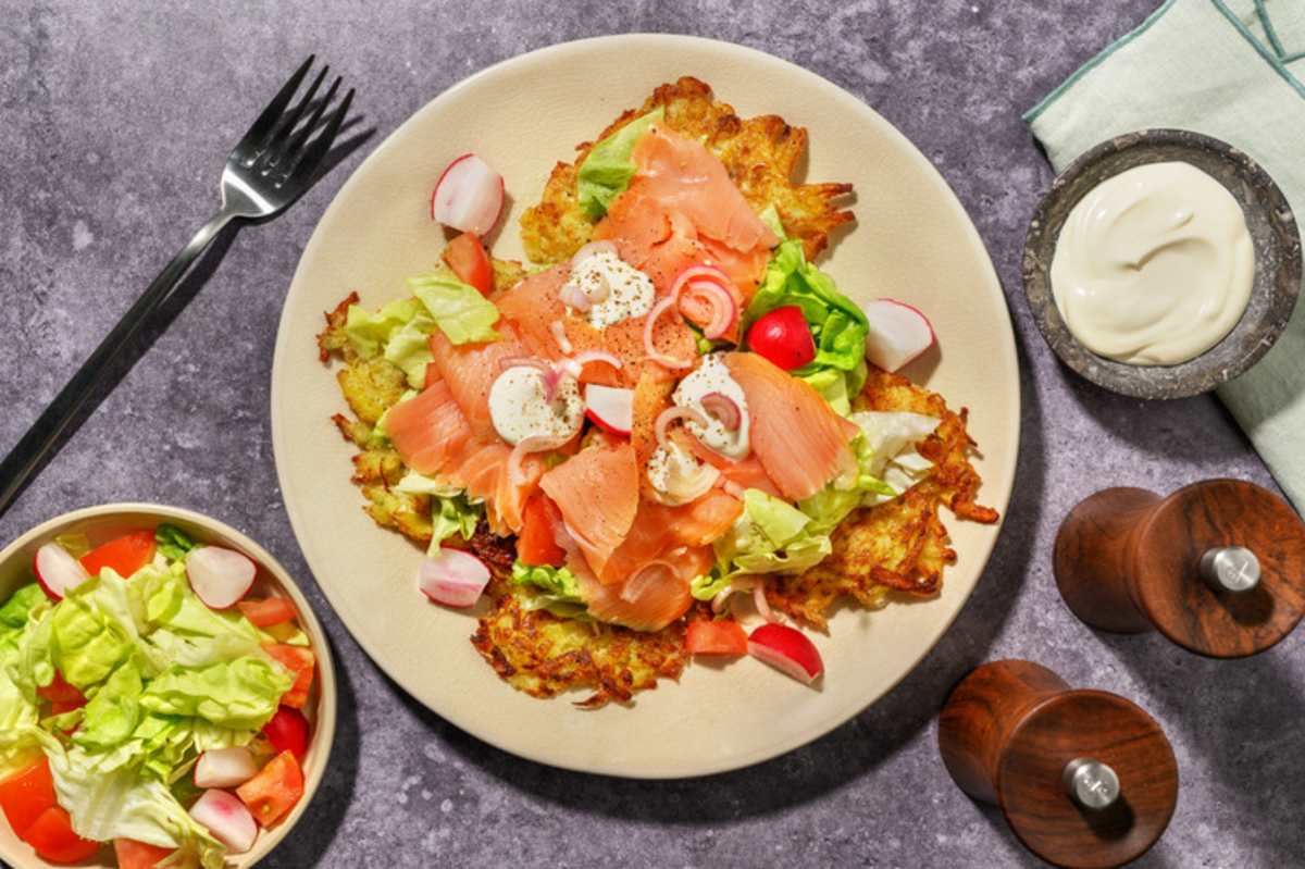 Double Smoked Salmon Topped Potato Rostis