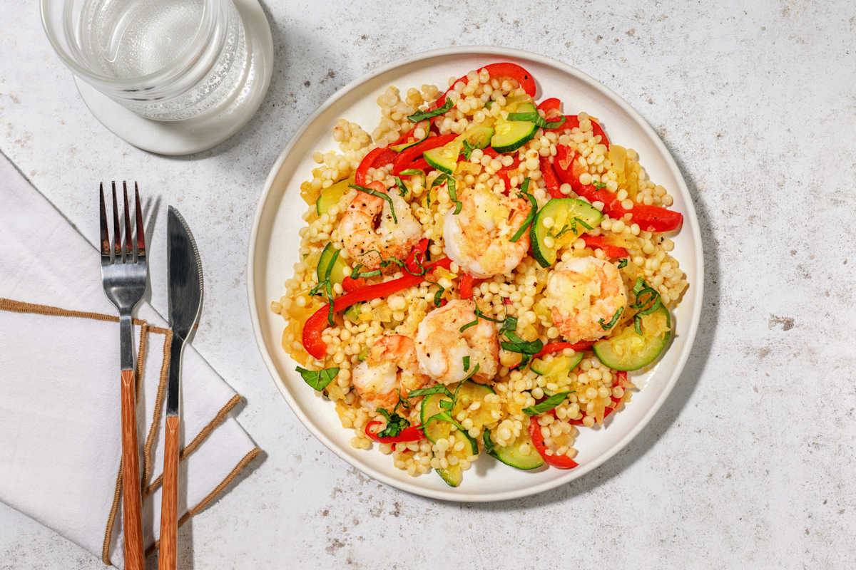 Couscous perlé aux crevettes & pesto rosso 
