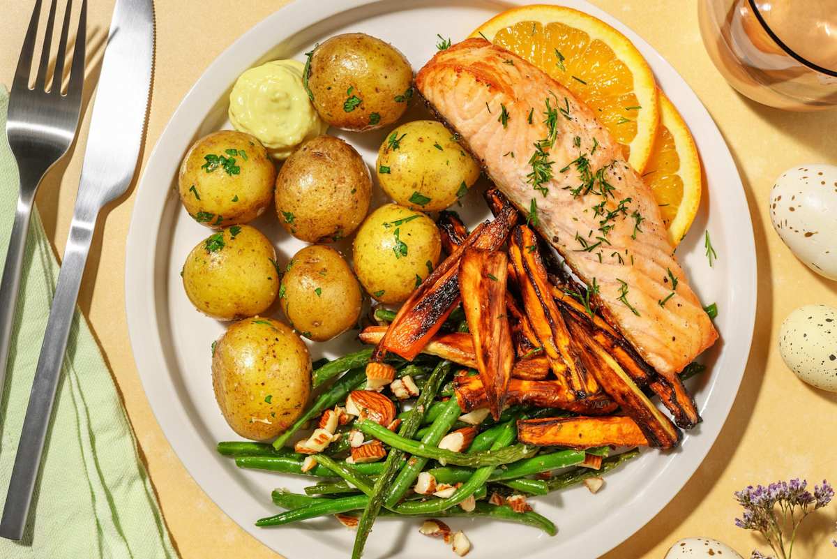 Appelsinglaseret laks og remoulade
