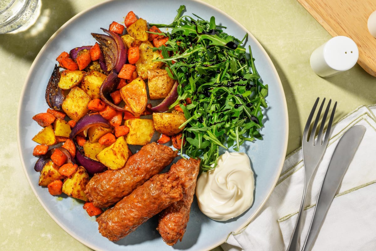 Italian Style Veggie Sausages and Pesto Roasted Veg