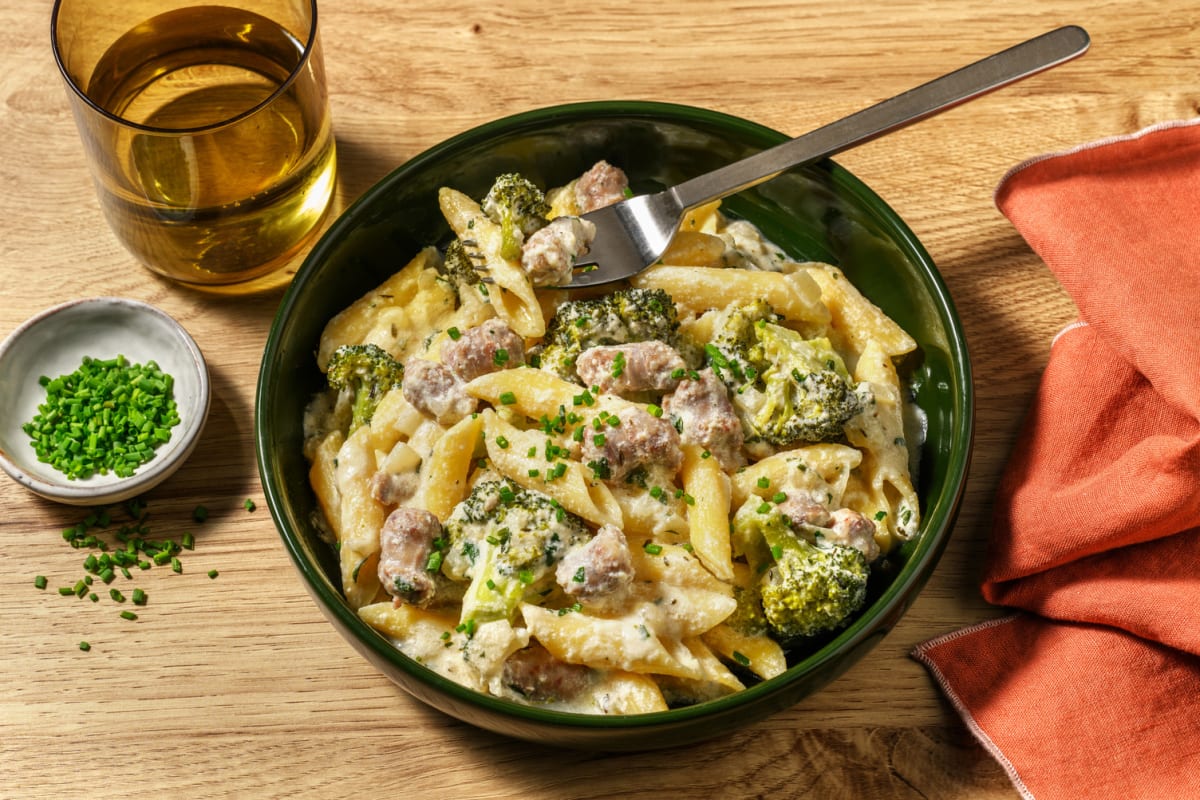 One pot penne, brocoli & saucisse fumée