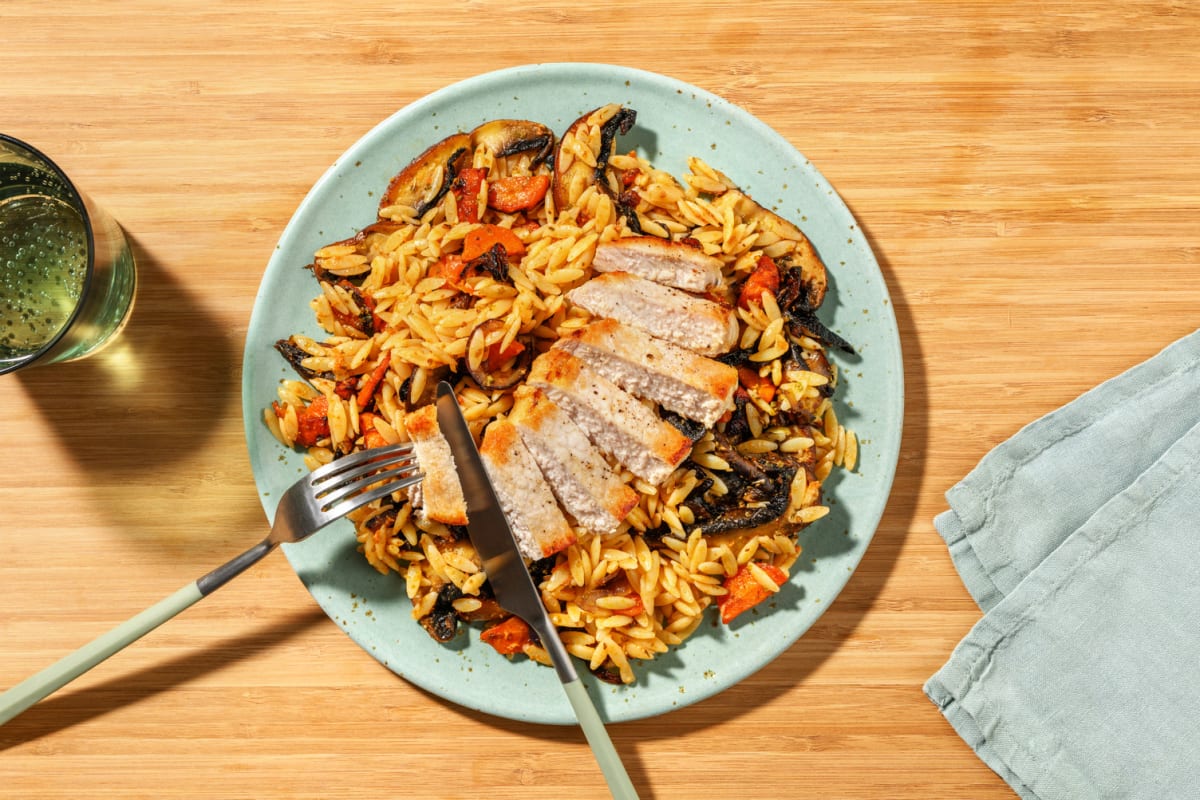 Porc grillé & orzo au pesto rosso