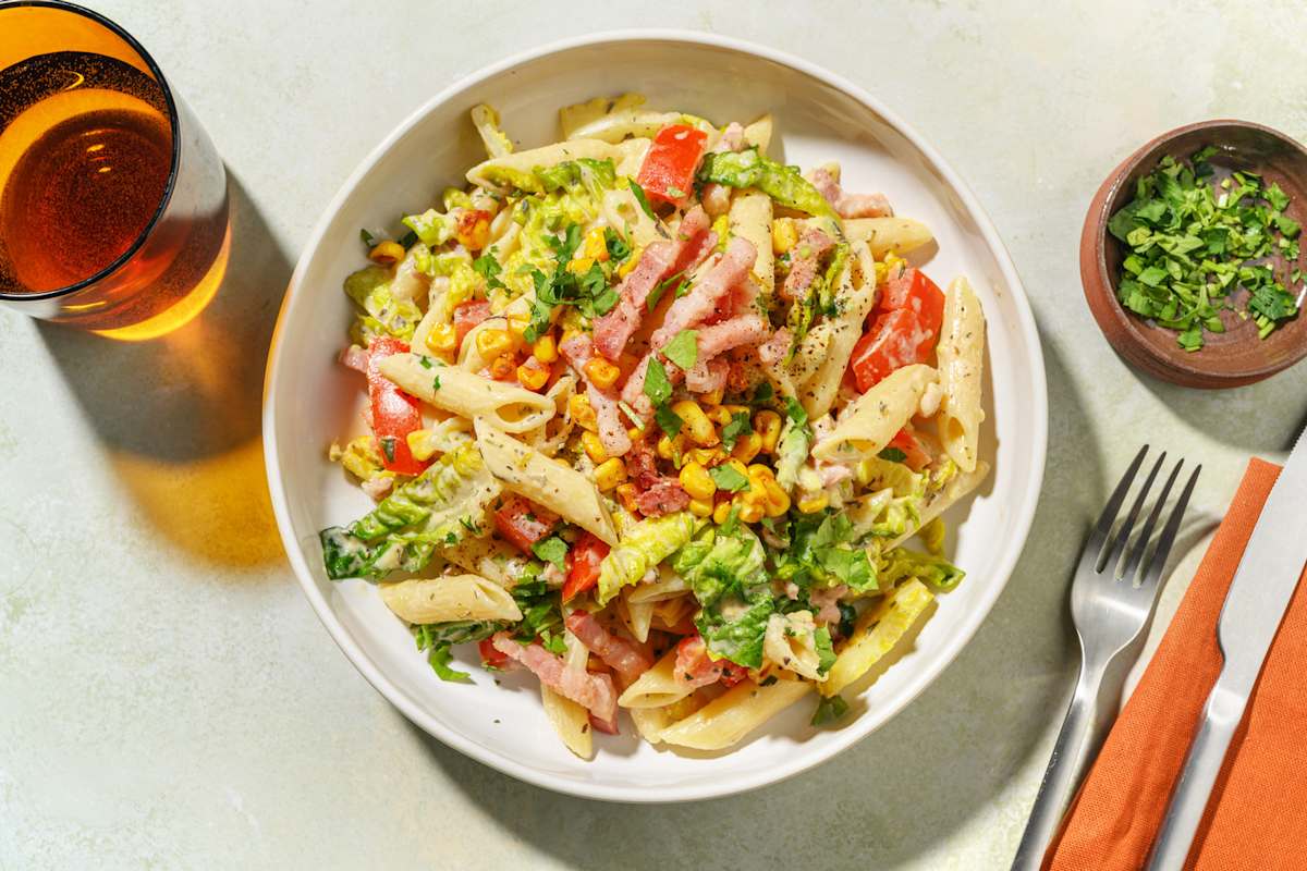 Pasta Salade : maïs doré, lardons & tomates