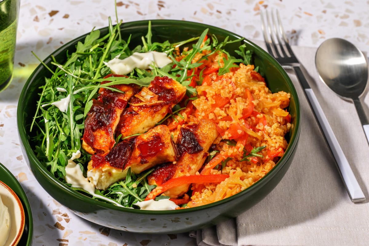 Glazed Halloumi and Veg Loaded Harissa Bulgur Bowl
