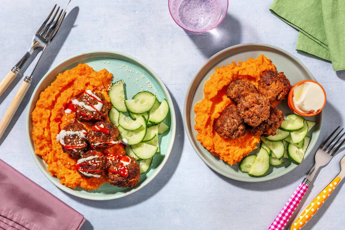 Drachenfeuer Hackbällchen mit Süßkartoffelstampf